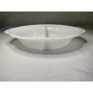 Vintage Casserole Retro Kitchen Fire King Divided Dish Milk Glass White USA MCM